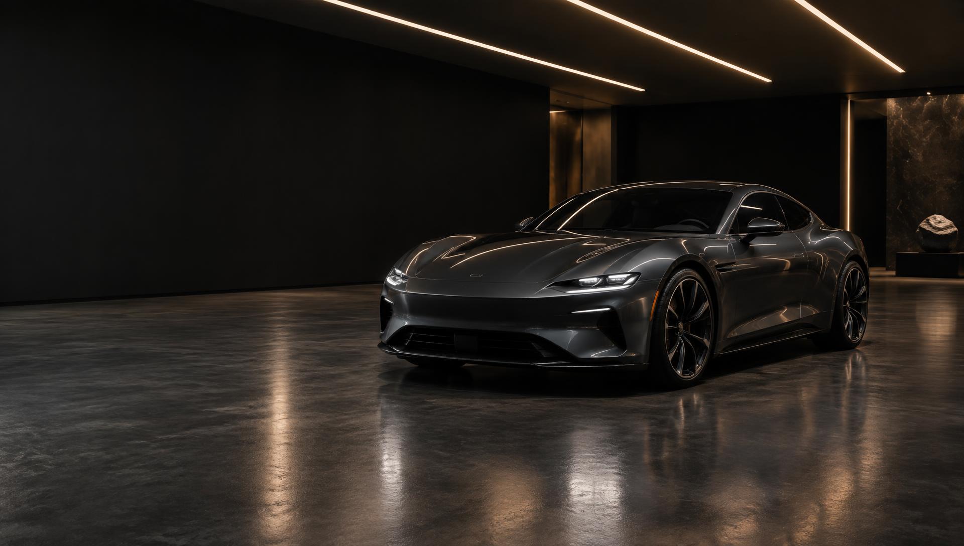 Dark graphite grand tourer in a dimly lit luxury showroom
